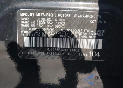 2017 Mitsubishi Mirage G4 Es from USA, damaged, VIN ML32F3FJXHHF14403
